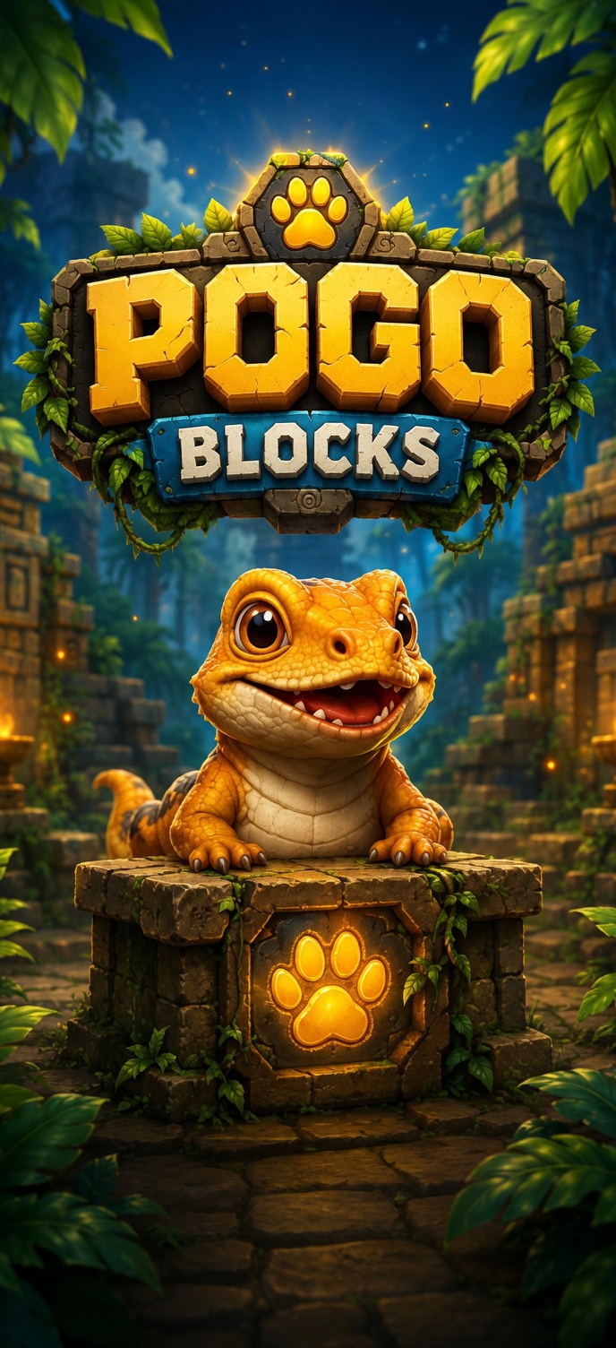 Pogo Blocks — logo and mascot in a jungle temple